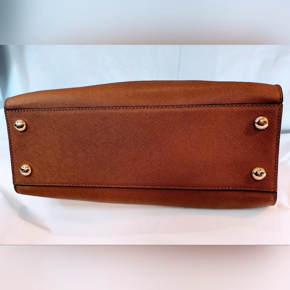 MICHAEL KORS Cognac Hamilton Saffiano Leather Satchel with Gold-Tone Chain Strap
